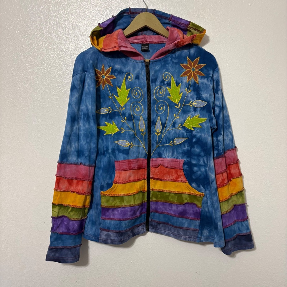 Multicolor Patchwork Sz L Tie Dye Full Zip Hoodie Rainbow Hippie Boho Colorful
